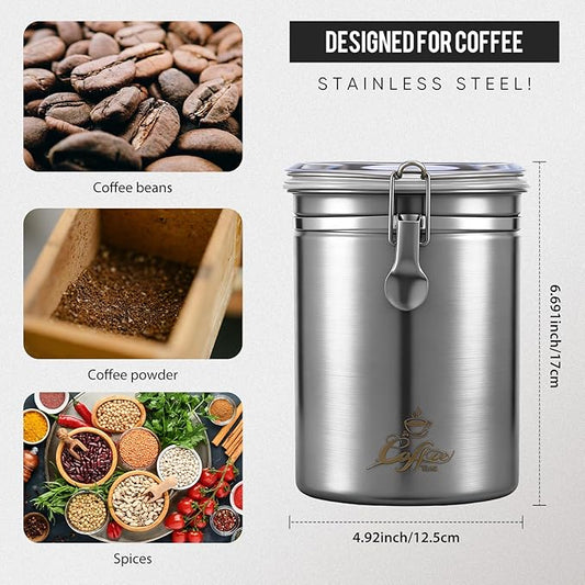 LemonRoad Stainless Steel Coffee Canister 62 Fl oz Coffee Jar Container with Airtight Clamp Lid, Bean Storage Container for Bean Storage Kitchen Bar Countertopop