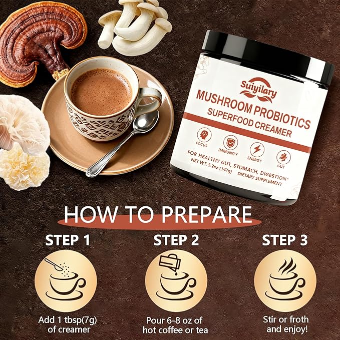 Mushroom Probiotic Coffee Creamer, 10 Mushrooms Creamer with Probiotics, Lion’s Mane, Cordyceps, Reishi, Turkey Tail, Shiitake for Gut, Digestion, Gluten Free 21 Serving