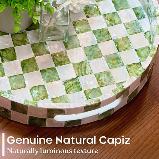 12.6" Capiz Decorative Tray with Handles, Checkered Round Serving Tray for Coffee Table, Kitchen Counter, or Bathroom (Pistachio Green)