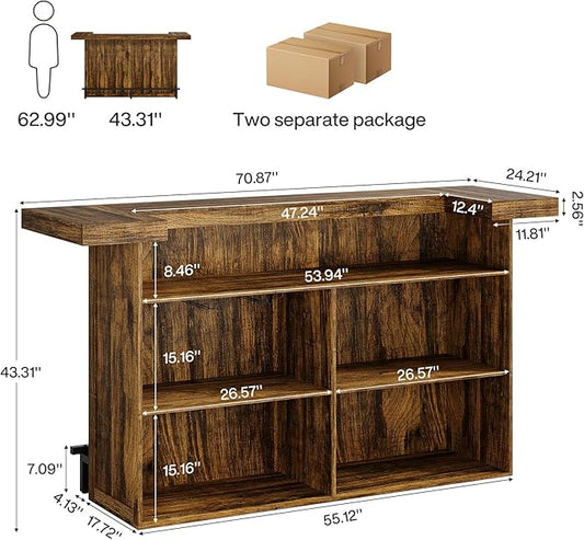 Tribesigns 4-Tier Bar Table, 70.9-Inch Large Wood Home Bar Unit with Wine Glass Holder and Black Footrest, Pub Table with Storage Shelves for Kitchen, Indoor, Brown