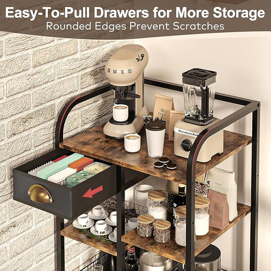 Mobile Coffee Bar Cart with Storage Drawer & Wheels – 4-Tier Rustic Wood Station
