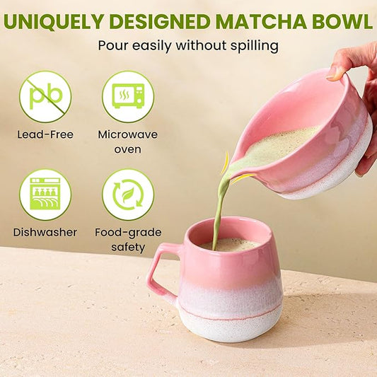 Matcha Whisk Set, Ceramic Matcha Kit Desert Style, Matcha Whisk and Bowl, Bamboo Scoop and Rest, Sifter and Tea Towel, 7 Pcs Gifts for Matcha Lover - Pink