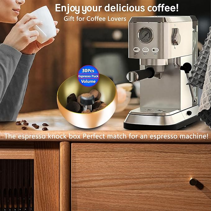 Stainless Steel Espresso Knock Box, Knock Box with Lid, Coffee Grounds Container, Removable Knock Bar & Non-Slip Magnetic Base - Espresso Accessories.ORALION (GOLD, Large)