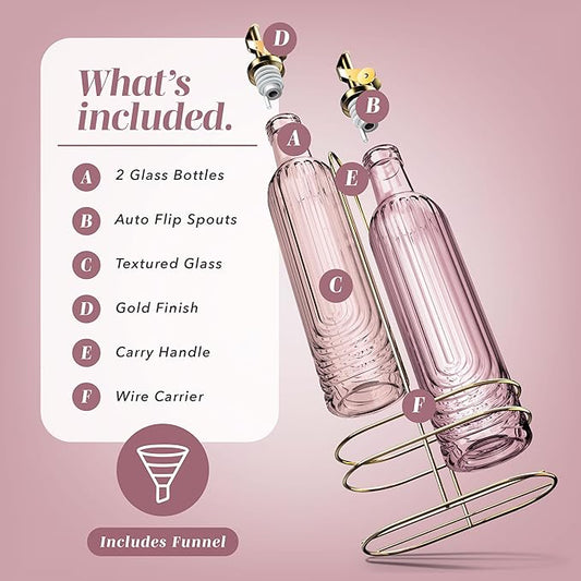 COOK WITH COLOR Glass Olive Oil Bottle Dispenser - 2 Pack- 17oz Oil and Vinegar Cruet - Olive Oil Carafe Decanter for Kitchen, Elegant Fluted, Pink