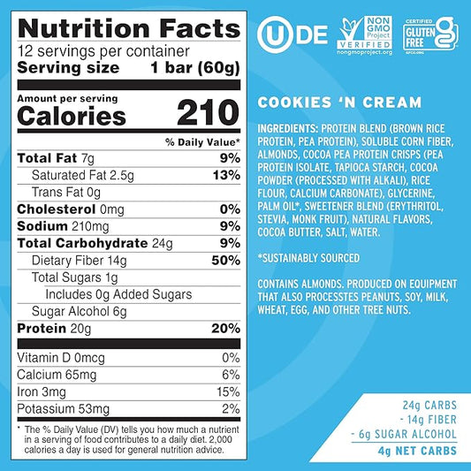 No Cow Vegan Protein Bars, Upgraded Cookies 'n Cream | 20g Plant Based Protein, Gluten Free, Dairy Free, Soy Free, Keto Friendly, Low Sugar, High Fiber Snack Bars | Pack of 12