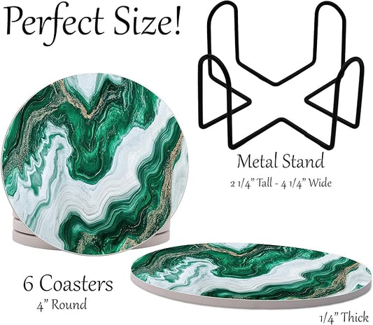 Green Moss White Agate Marble Round Coasters Set of 6 - Abosrbent Ceramic Coasters with Metal Stand for Drinks, Coffee, Non-Slip Cork Back Tabletop Protection, 4 Inches Marbled Pattern (White Green)