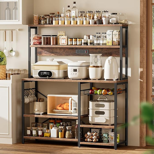 SUPERJARE Bakers Rack with Power Outlet, 47.2 Inches Coffee Bar with Wire Basket, Kitchen Microwave Stand with 6 S-Shaped Hooks, Open Storage Shelves, Rustic Brown