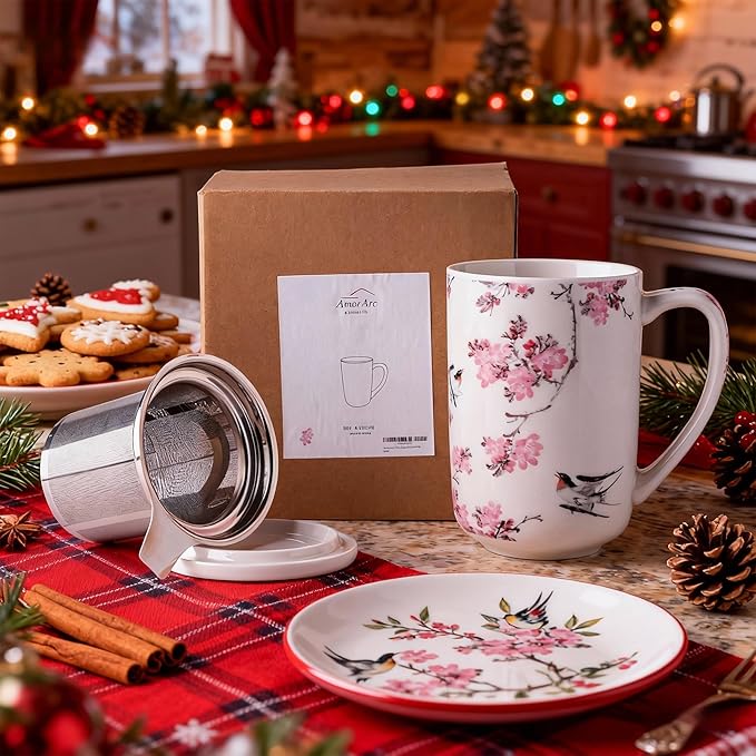 AmorArc Porcelain Tea Mug with Infuser and Lids, 18 Oz Coffee Cup Strainer with Bag Holder for Loose Leaf Tea, Steeping Coffee Mug for House-warming Wedding Birthday Gift