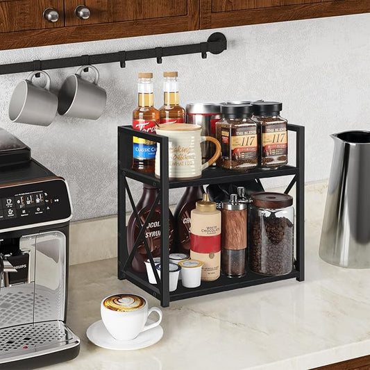 YINMIT Countertop Shelf Organizer,Coffee Bar Accessories,Spice Rack,Coffee Counter Shelf,2 Tier Coffee Organizer Station for Mugs,Cups,Cream,Syrup(Black, Medium)