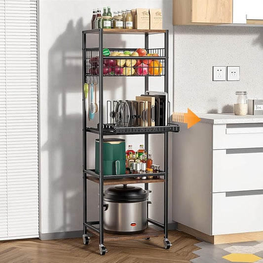 Housolution 5 Tier Kitchen Rolling Cart, Storage Cart with Metal Fruit Vegetable Basket and Pull-Out Pot Lid Cutting Board Organizer, Storage Rack with Wooden Top for Kitchen, Pantry, Bathroom