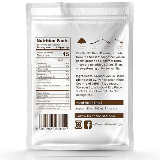 Vanilla Bean Powder - 100% Pure Ground Madagascar Vanilla Powder - For Cooking, Baking, & Additional Flavoring - Add To Coffee, Tea, Yogurt, & Shakes - Raw, Unsweetened, No Fillers or Additives - 1 LB