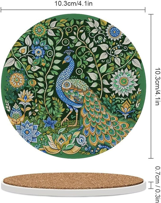 Round-6PCS Peacock Ceramic Coasters, Round Absorbent Drink Coasters, Beautiful Green Plant Floral Peacock Boho Art Pattren Ceramic Table Coasters for Coffee, Beverage, Wine, Beer Coasters
