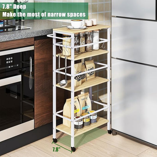 IBUYKE 7.8" Slim Rolling Cart,4 Tier Metal Kitchen Laundry Storage Cart,Industrial Narrow Utility cart,Trolley with Handle and Wooden Tabletop,for Kitchen, Living Room,Bathroom,Natural UTMJ065R