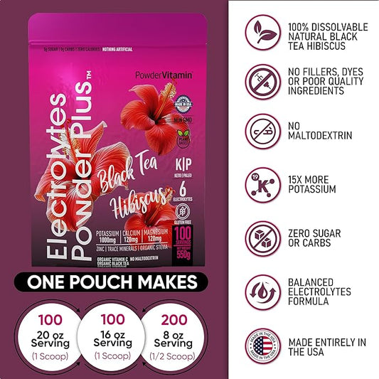 PowderVitamin Electrolytes Powder Plus (100 Servings) Black Tea Hibiscus Electrolyte Powder Keto, Sugar Free, Pink Himalayan Salt,1000mg Potassium,120mg Calcium,120mg Magnesium, Hydration Powder