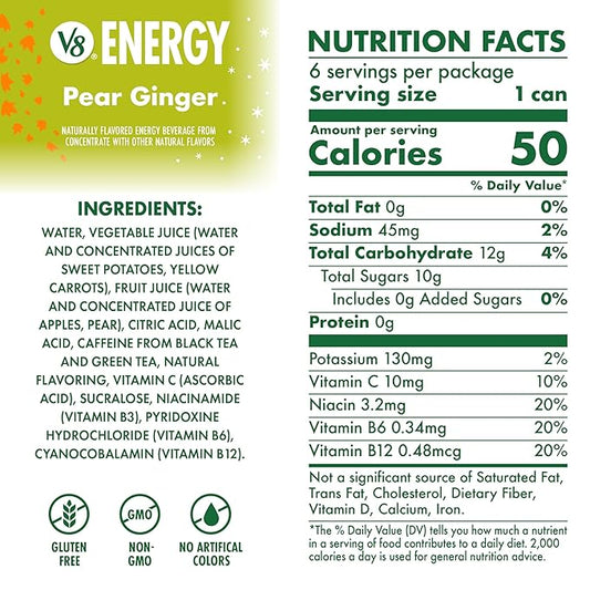 V8 Energy Pear Ginger Energy Drink, 8 fl oz Can (6 Pack)