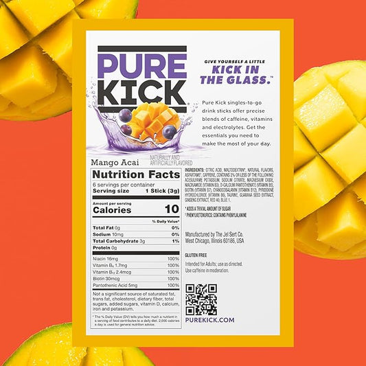 Pure Kick Energy Singles To Go Drink Mix, Mango Acai, Includes 12 Boxes with 6 Packets in each Box, 72 Total Packets