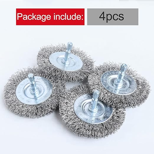 Hiqalty 4pcs 3 Inch Stainless Steel Wire Wheel Brushes Kit for Drill with 1/4-Inch Hex Shank (4)
