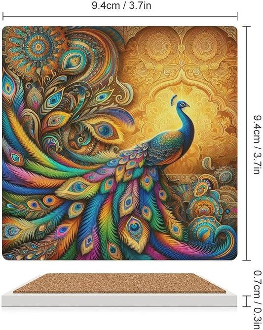 Square-4PCS Peacock Drink Coasters, Square Modern Ceramic Absorbent Coasters, Beautiful Colorful Floral Peacock Boho Art Pattren Decor Desk Coffee Table Coaster for Beverage Cup Tea Coasters