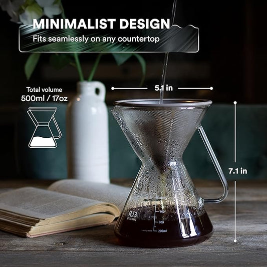 ovalware Pour Over Coffee Dripper Maker Paperless Stainless Steel Filter, Precision Measuring Cup and Carafe with Airtight Cold Brew Iced Coffee Maker Pitcher RJ3 Brewing Glass Carafe