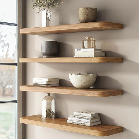 Reclaimed Elm Wood Floating Shelves for Wall Round Edge, 36"W x 9.2"D x 1.37"H, Set of 2 with Invisible Bracket, Wall Mounted Shelves for Living Room Bedroom Kitchen Bathroom Decor, Natural Finish