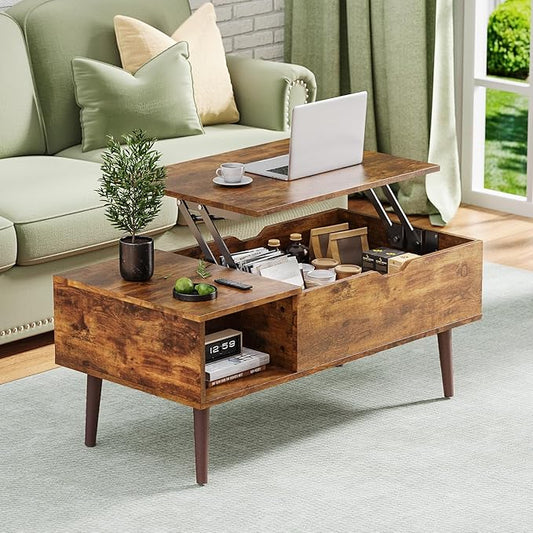 OLIXIS Wooden Coffee Table, Lift Top Coffee Table with Large Hidden Compartment and Ample Storage Shelf, Lift Tabletop Dining Table for Living Room, Home Small Space, Rustic