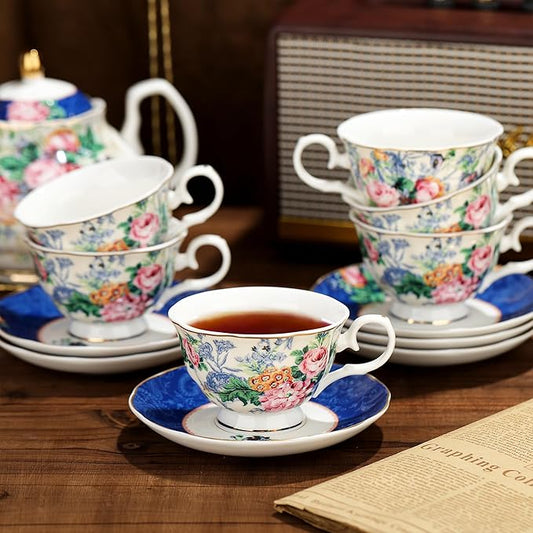 fanquare 21-Piece Blue Lace Porcelain Tea Set, China Coffee Cup and Saucer Set for 6, Pink Flower Tea Sets for Adults Women