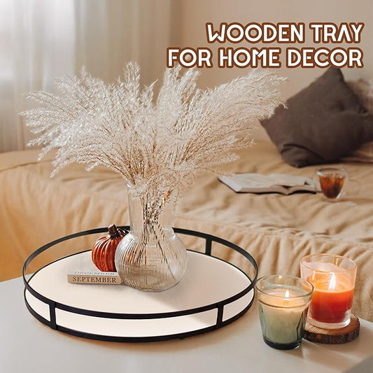 Defined Deco 12in Round Decorative Serving Tray with Metal Handle - Rustic Wooden Tray for Home, Living Room, Coffee Table Decor