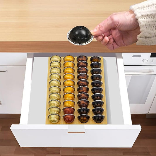 MinBoo Bamboo Coffee Capsule Storage Drawer Tray, Drawer Insert Organizer Holds 40 Pods, Compatible with Coffee Pod Capsules, Suitable for Kitchen, Home, Office,Small