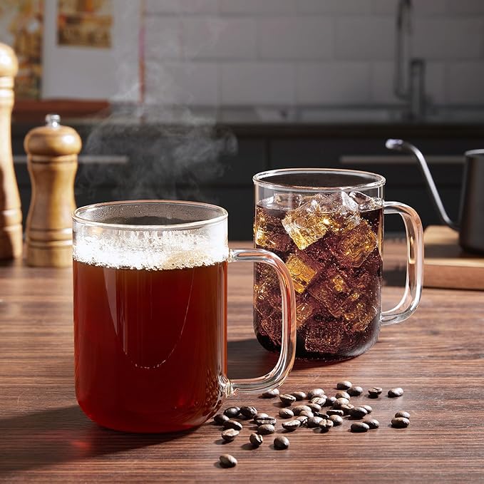 Glass Coffee Mugs, 24 oz Ice coffee cups, Large Clear Tea Cups Set of 2, Glass Mugs with Handles, Glass Cups for Latte, Cappuccino, and Tea