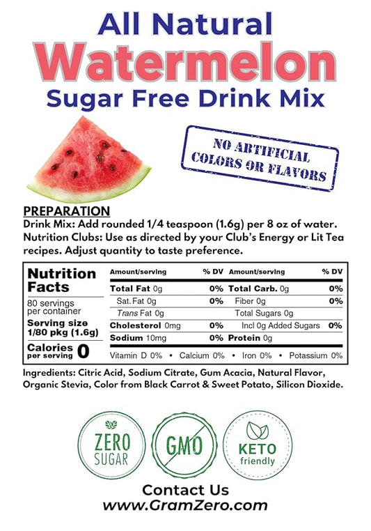 GramZero All Natural Watermelon Zero Calorie Sugar Free Drink Mix, Great For Nutrition Club Loaded Tea, Stevia Sweetened
