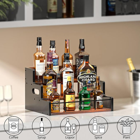 Yelinkws Liquor Bottle Display Shelf,Wood Syrup Organizer Rack,3 Step Countertop Organizer Wine Rack,Rustic Coffee Station Accessories for Syrup (Brown)