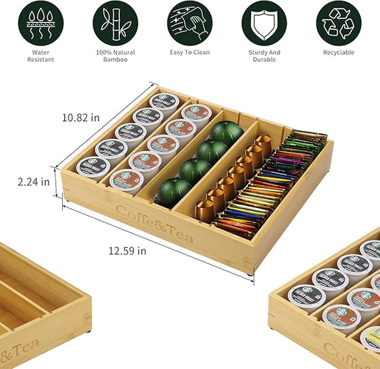 MinBoo Bamboo K Cup Holder for Drawer or Countertop Coffee Pod Holder 25-36 K Cup Pod Storage Tea Bag Organizer Storage for Coffee Station Home Office and Kitchen (Bamboo)