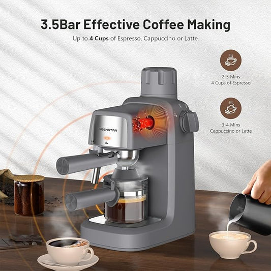 KEENSTAR 3.5Bar Espresso Machine with Milk Frother, 800W Compact Espresso and Cappuccino Machine with Preheating Function, 4 Cup Espresso Maker for Cappuccino or Latte, Gift for Coffee Lover