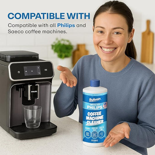 Descaling Solution Compatible with Philips Saeco | Free Cleaning Cloth | 12 Month Supply | Made in the USA | Descaler for Philips Machines | 32 Oz | Coffee Machine Cleaner and Decalcifier