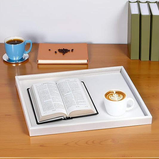 20 x 14 inches High-End Light Luxury Leather Rectangle Oversized Service Tray for Ottoman Tray, Coffee, Food, Family Dinner, Picnic, Party Essentials (Beige, 20 x 14 inch)