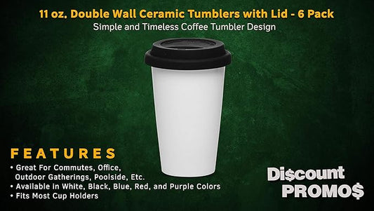 DISCOUNT PROMOS 11 oz. Double Wall Ceramic Tumblers with Lid - 6 Pack - Black