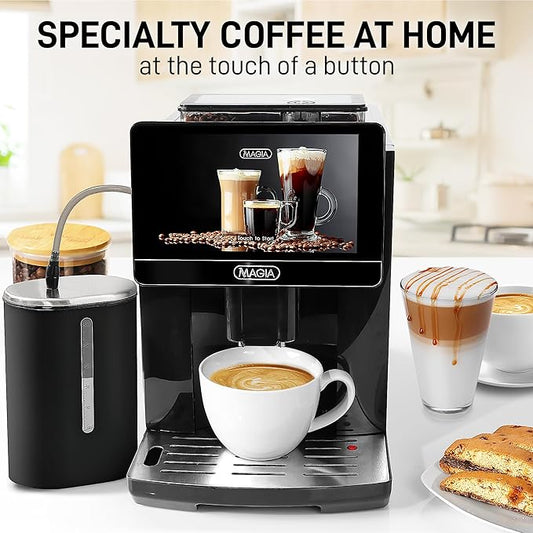 Zulay Kitchen Magia Ultra LUX Super Automatic Espresso Machine, Bean-to-Cup Coffee Maker with Built-In Grinder, Automatic Milk System, 19 One-Touch Specialty Drinks, Touchscreen, Black