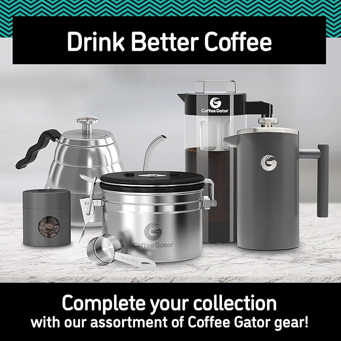 Coffee Gator 304 Grade Stainless Steel French Press Coffee Maker 34 oz, Double Wall Insulated Hot Cold Brew Teapot with 4-Level Filtration System, Include Travel Jar Canister, Rust-Free, Travel, Black