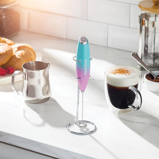 Powerful Handheld Milk Frother, Mini Milk Foamer, Battery Operated (Not included) Stainless Steel Drink Mixer with Frother Stand for Coffee, Lattes, Cappuccino, Frappe, Matcha, Chocolate (Teal/Pink)