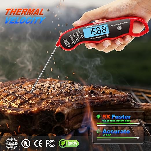 0.6S Instant Read Digital Meat Thermometer Probe/Pen,Factory‑Calibrated/Waterproof/Backlit/Magnetic/Flip Display/Motion Sensor:Outdoor BBQ, Barbecue Grilling, Smoking, Oven, Baking, Oil, Candy