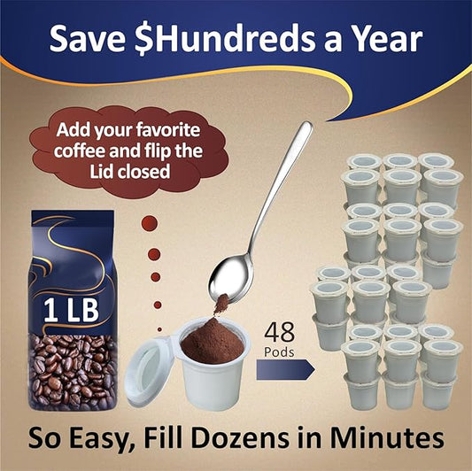 48 iFillCup Pods - Fresh Fill Your Favorite Coffee, Fits all K Cup Brewers, Save $Hundreds, DeepBrew Filter Holds 50% More Coffee for a Richer or Larger Brew, Elevate Your K Cup Experience (White)