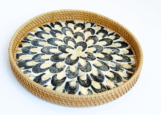Magenta & Teal Round Rattan Serving Tray with Mother of Pearl Inlay, Wicker Coffee Table Decor, Farmhouse Style (Blue Tan Flower)