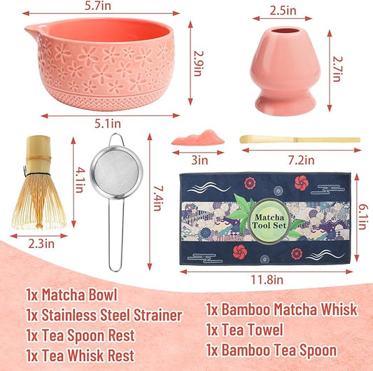 Matcha Whisk Set, 7Pcs Pink Matcha Kit for Ceremony, Handcrafted Gifts for Women, Traditional Ceramic Matcha Bowl with Spout, Bamboo Whisk and Holder, Tea Set for Matcha Lovers, Gift for Christmas