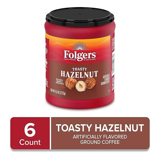 Folgers Toasty Hazelnut Flavored Ground Coffee, Medium Roast 9.6 Ounce Canister (Pack of 6)