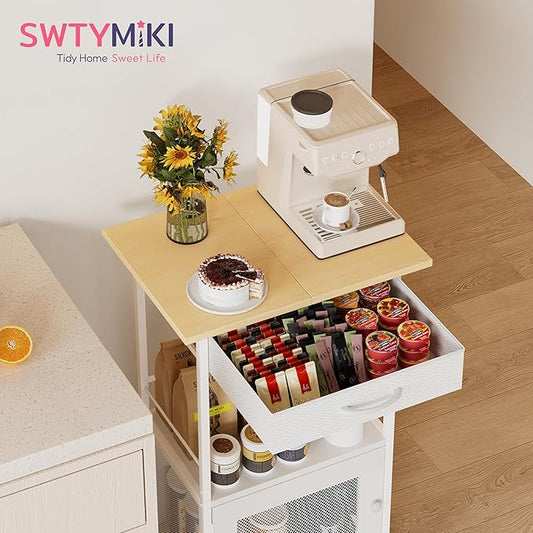 SWTYMIKI Buffets Coffee Bar Cabinet - Rolling Kitchen Rack, Farmhouse Small Coffee Stand with Storage Drawer and Door Cabinet - Kitchen Microwave Stand for Apartment, Living Room, Entryway, Natural