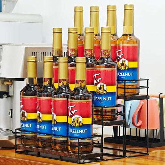 12 Bottle Coffee Syrup Organizer Rack, 3 Tier Coffee Syrup Bottle Stand Holder for Coffee Bar, Installation-free, Liquor Bottle Display Shelf, Coffee Syrup Shelf for Liquor Whiskey Wine Display
