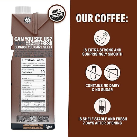 Wandering Bear Espresso Roast Organic Cold Brew Coffee - Extra Strong Bold, Smooth, No Sugar Added, Shelf-Stable, Ready to Drink, 100% Organic Iced Cold Brewed Coffee Drink - 32 fl oz, 6 pack