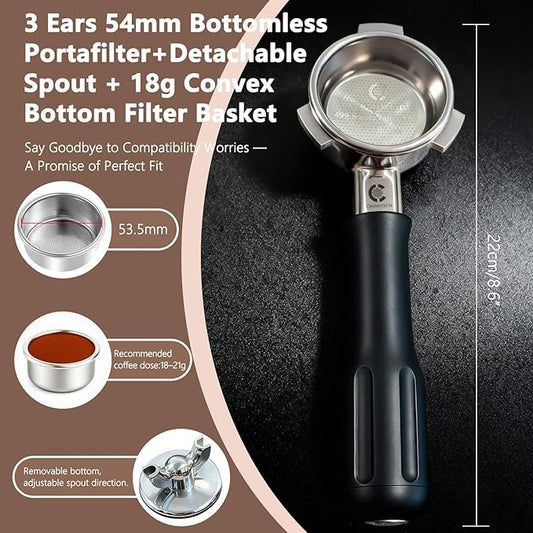 Espresso Accessories, 54mm Bottomless Portafilter with Detachable Double Spout, Black Matte Handle, 18g Convex Basket, 3-Ear Design for Breville Espresso Machines
