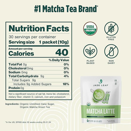 Jade Leaf Matcha Organic Premium Ceremonial Grade Matcha Green Tea Powder - Japanese - Culinary, Ingredient, Ceremonial Barista Teahouse, Latte, Collagen, 0.35 Ounce (Pack of 30), Matcha Latte