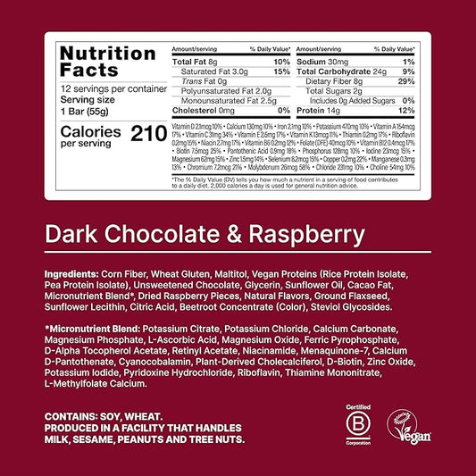 Huel Complete Nutrition Vegan Protein Bars | Dark Chocolate Raspberry | 13g Protein | 27 Vitamins & Minerals, 2g Sugar, Non-GMO, 100% Plant Based Snack | 12 Pack